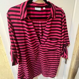 Hot Pink and Black Striped Collared V-Neck Blouse